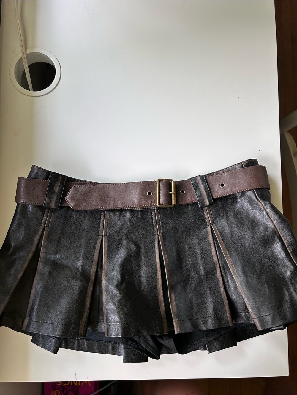 Edikted Faux Leather Pleated Mini Skirt with Belt and shorts